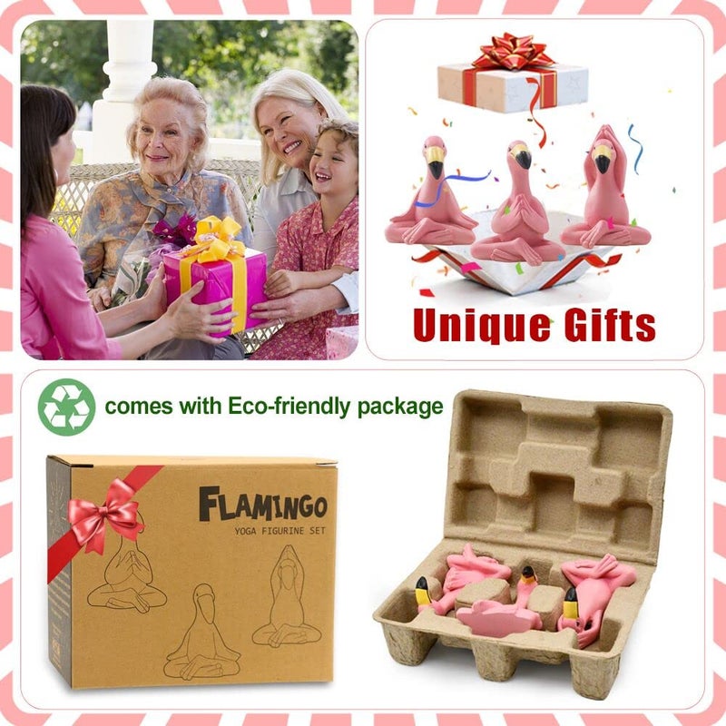 Goodeco 2.4" Mini Yoga Flamingo Figurines - Tiny Gifts Whimsical Kawaii Pink Flamingo Desk Decor, Set of 3 Fairy Garden Lawn Statues, Flamingo Gifts for Women/Mom/Grandma/Girls - Image 2